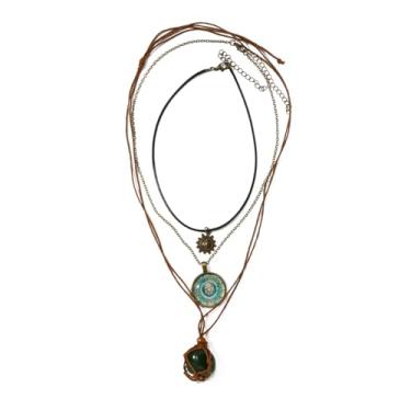 Imagem de Colar retrô em camadas de pedra de cristal natural verde boêmio conjunto de 3 peças para mulheres corda de couro vintage gargantilha boho hippie vidro redondo mandala azul pingente corrente ajustável