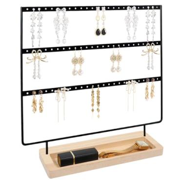 Imagem de SLOZO Suporte de brinco, organizador de brincos de 3 camadas com 75 furos, suporte de brinco de metal com suporte básico de madeira, suporte organizador de joias para brinco e pulseira de orelha