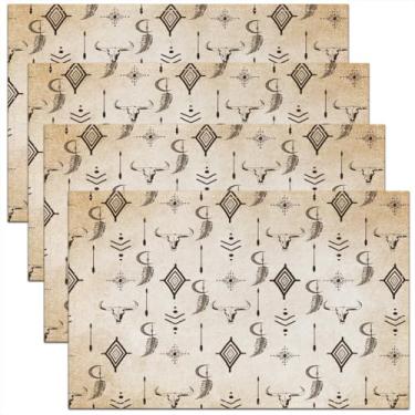 Imagem de jejeloiu Jogo americano de caveira de touro ocidental conjunto de 4 chifres étnicos boho 45,7 x 30,5 cm jogo americano para cozinha, mesa de jantar, decoração de festa para crianças, adultos, preto