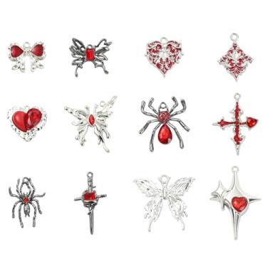 Imagem de KitBeads 24 peças, 12 estilos, pingentes góticos, borboleta, aranha, preto, vermelho, diamante, cruz, coração, pingentes para fazer joias, pulseiras, colares, artesanato a granel
