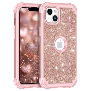 Imagem de LONTECT Capa para iPhone 13/14 com glitter, brilhante, 3 em 1, à prova de choque, resistente, híbrida, resistente, de alto impacto, capa protetora para Apple iPhone 13/14 de 6,1 polegadas, ouro rosa