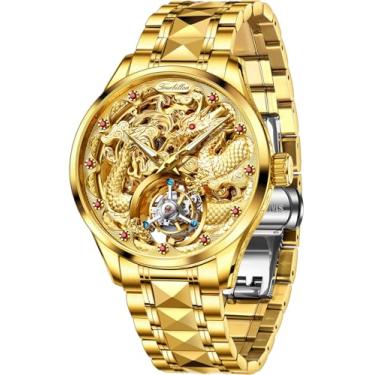 Imagem de OUPINKE Relógio masculino luxuoso gravado em dragão turbilhão automático, aço tungstênio, cristal de safira, G3176: Ouro