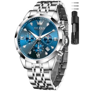 Imagem de OLEVS Relógios masculinos de aço inoxidável com cronógrafo, mostrador grande, à prova d'água, luxuoso, moderno, azul/preto/dourado/verde/prata Relojes para Hombres, Mostrador azul com pulseira prata