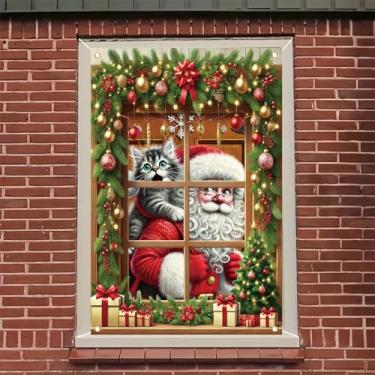 Imagem de Saoplasa Capa de janela de Natal Papai Noel com gato decoração de janela de férias enfeites de guirlanda caixas de presente árvore festiva arte de inverno para casa sala de estar natal painel de