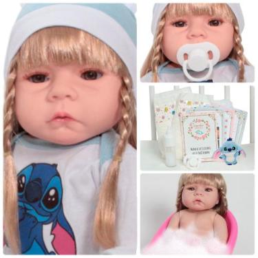 Imagem de Boneca Reborn Bebê 100% Vinil Roupa Stitch Com Pelúcia - Cegonha Rebor