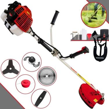 Imagem de Podador de Cortar Grama Kawashima KW43-L À Gasolina 2T 1,7HP 43cc Com Lâmina Facão + Lâmina 3 Pontas + Disco 40 Dentes + Trimmer + Carretel de Nylon