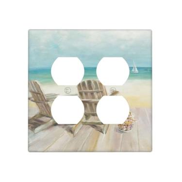 Imagem de Spshian Placa decorativa para interruptor de luz, cadeira de praia, paisagem marítima, azul, oceano, moderno, litoral, 2 peças, placas de parede duplas, placas de interruptor e capas de tomada para