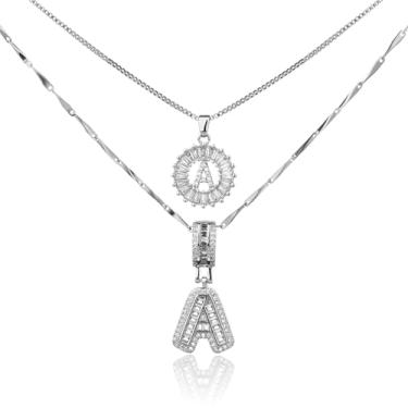 Imagem de MINDEKA Pacote com 2 colares femininos com inicial de zircônia cúbica banhada a ouro 14K, joias delicadas com inicial inicial para mulheres, colar com pingente de alfabeto A-Z personalizado, 18"+2