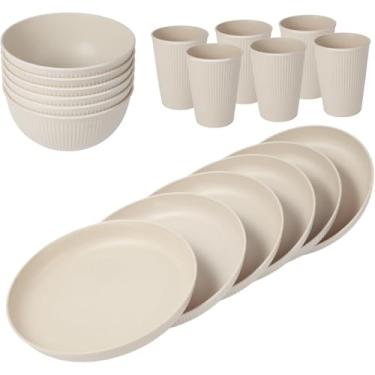 Imagem de Conjunto de 18 peças de louça de palha de trigo, conjunto de pratos inquebráveis, pratos, tigelas e copos reutilizáveis, conjunto de pratos, lava-louças, micro-ondas para cozinha, acampamento ao ar
