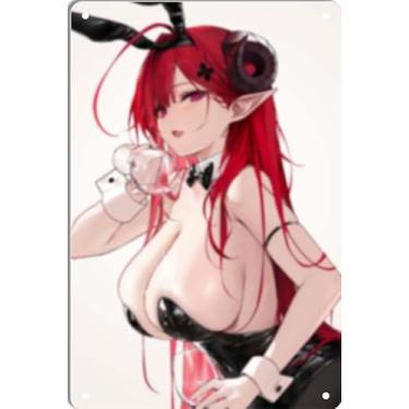 Imagem de DKLOWK Pôster de metal quente de menina anime fofo biquíni sexy placa de decoração de parede para casa bar clube quarto banheiro homem caverna Otaku 30,5 x 40,6 cm