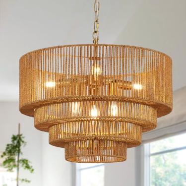 Imagem de YOMECOO Lustre de vime tecido à mão de 50 cm vintage fazenda 6 luzes boho lustres de bambu luminária retrô tambor vime vime lustre dourado para sala de jantar, ilha de cozinha, quarto, E12