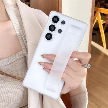 Imagem de Capa de celular luxuosa com alça de pulso elástica de silicone fosco para Samsung S25 S24 S23 Ultra S25 Plus, capa traseira rígida de PC transparente e à prova de choque, fosca e transparente, para S