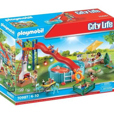 Imagem de Conjunto Playmobil Pool Party com piscina, escorregador, espreguiçadeira e muito mais