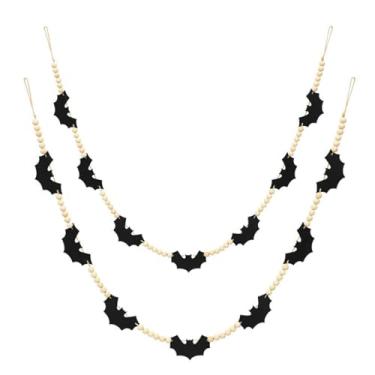 Imagem de Luqeeg 2pcs Banner de Bastão de Miçangas de Madeira, Hemp Felt Bats Garland Com Decoração Sazonal Valky, Eye Catching, Versátil para Mantels, Paredes, Bandejas, Escadas, Black