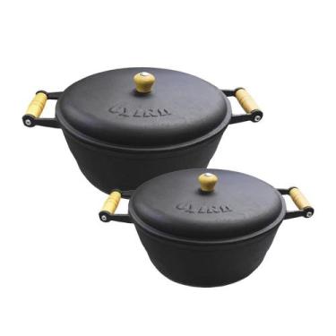 Imagem de Jogo 2 Panela Caçarola De Ferro Leve Alça Madeira Com Tampa - Casa E J