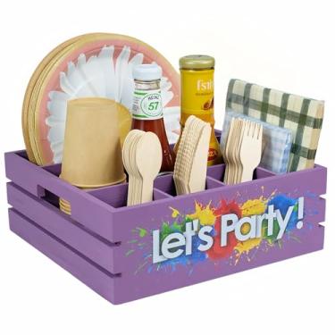 Imagem de Suporte de utensílios para aparência de caixa de fazenda de festa - Dispensador de prato de papel de guardanapo roxo para bancada - Organizador de talheres para prato, copo, garfo, colher