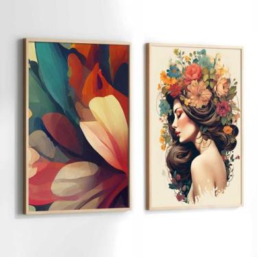 Imagem de Conjunto Quadros Decorativos com Moldura Mulher Flores na Cabeça Kit 2