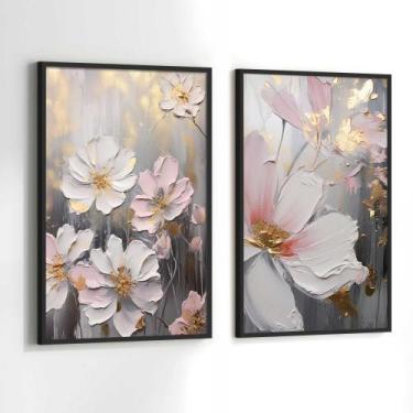 Imagem de Conjunto Quadros Decorativos com Moldura Arte Pintura Flores Branca Ki