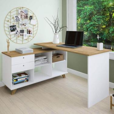 Imagem de Escrivaninha Em L Com 2 Gavetas e 5 Nichos Artany Gold Cor Olmo com Br