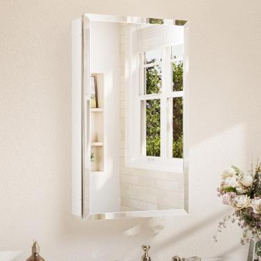 Imagem de TETOTE 38 x 66 armários de remédios espelhados para banheiro com espelho chanfrado temperado armário de remédios branco dobradiças DTC, prateleiras ajustáveis contínuas, embutidas/montadas na