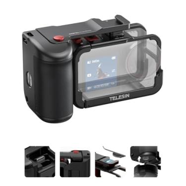 Imagem de TELESIN Kit de aderência de metal de liga de alumínio para DJI OSMO Action 5 Pro/Action 4/Action 3, conjunto de alça de alça de câmera (alça de câmera + gaiola ultraleve), botão de obturador de