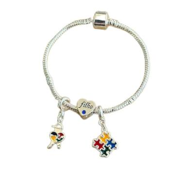 Imagem de Pulseira com 3 berloques filho autista + símbolo autismo + separador filho com pedra azul - banhado a prata