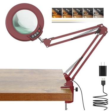 Imagem de Lupa de 10 x com luz e grampo, lupa iluminada com suporte de vidro real, 5 modos de cores, lâmpada de mesa de LED regulável contínua, mãos livres para artesanato, passatempo, leitura, pintura, costura