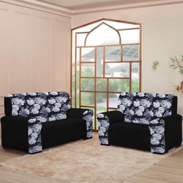 Imagem de Capa de Sofá Coladinha Mista para 3 e 2 Lugares, Malha Gel com Elástico (PRETO FLORAL)