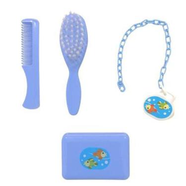 Imagem de Kit Banho Bebê Escova Pente Saboneteira E Prendedor Murano, Azul