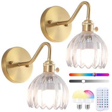 Imagem de Arandelas de parede vintage operadas por bateria, conjunto de 2, arandelas de parede recarregáveis com controle remoto regulável RGB, luminárias de abajur de vidro transparente de latão sem fio para