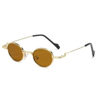 Imagem de Óculos de sol femininos ovais com armação de metal exclusiva retrô, lentes transparentes estilo oceano, UV400, óculos de sol punk da moda para homens (chá dourado)