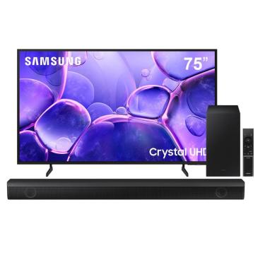 Imagem de Conjunto Smart TV Samsung 75" 4K Crystal Tizen Hub Gaming + Soundbar Samsung HW-B550 410W Bluetooth 2.1 Dolby 