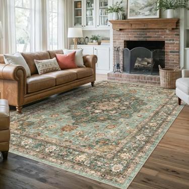 Imagem de TOPRUUG Tapete de área oriental lavável - 15 x 23 cm para sala de estar, tapete macio para quarto, impermeável, floral, envelhecido, resistente a manchas, resistente a manchas (verde, 15 x 23 cm)