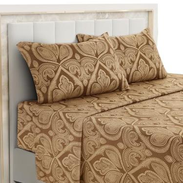 Imagem de Hannah Linen Jogo de lençol casal Paisley, 4 peças de microfibra macia sem rugas - Lençóis de cama com estampa luxuosa, inclui lençol de cima, lençol com elástico com bolsos profundos e 2 fronhas