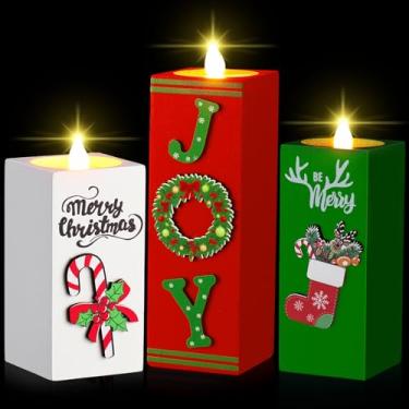 Imagem de SiliFine 3 peças de castiçais de Natal, castiçais de madeira, decorações de outono, Natal, mesa rústica, centros de mesa para casa, escritório, bandeja em camadas, outono, ação de graças, presentes de