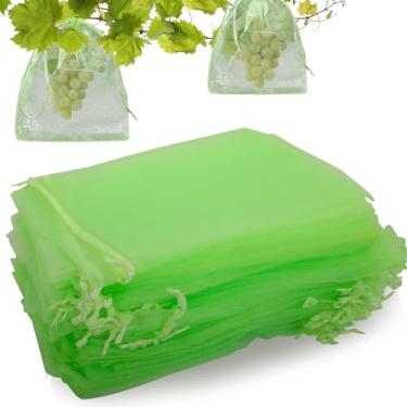 Imagem de 100 sacos de proteção de frutas de 15 x 20 cm com cordão, sacos de organza de malha respirável para plantas de jardim, pássaros e barreira de pragas, verde