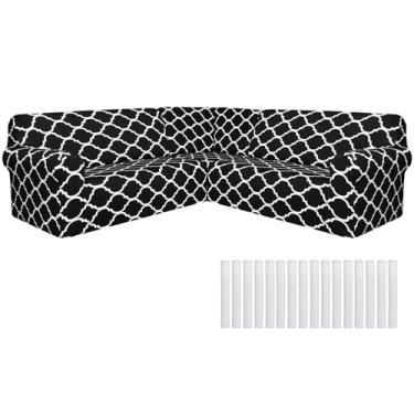 Imagem de Breling 3 capas de sofá em forma de L para sala de estar estampadas de canto seccional, capa elástica para sofá de 5 lugares, protetor de móveis com alças elásticas, lavável (preto)