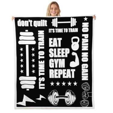 Imagem de Manta de lã com halteres preto e branco para fitness sherpa 127 x 152 cm, exercícios de ginástica com barra felpuda