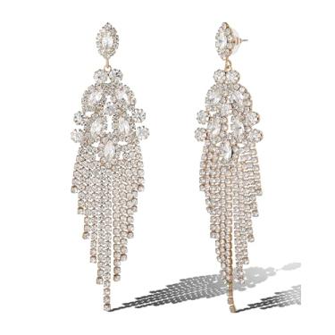 Imagem de Jessica Simpson Brincos pendentes de cristal transparente para mulheres, brincos de strass dourados com franja de strass