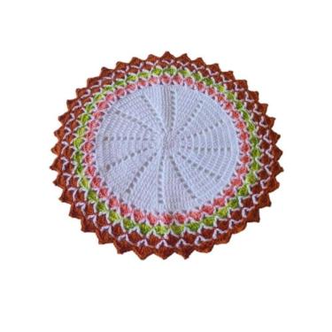 Imagem de Kit 6 Sousplat Em Crochê Artesanal 36Cm Branco Verde E Rosa