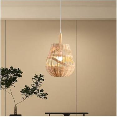 Imagem de Luminária pendente de teto de vime vazado de 1 luz, lustre ajustável E27 tecido à mão, compatível com ilha de cozinha, decoração moderna