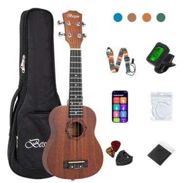 Imagem de Besyou Ukulele de concerto para iniciantes em mogno ukelele kit com sintonizador Gig Bag alça de corda de nylon carbono palhetas pano escolha de presente (marrom, 21)