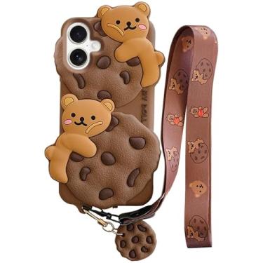 Imagem de SGVAHY Capa para iPhone 17 com cordão de alça chaveiro fofo biscoito de urso kawaii engraçado silicone macio à prova de choque capa protetora para mulheres e meninas