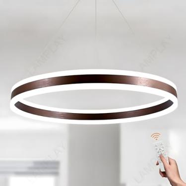 Imagem de Luminária pendente LED redonda regulável, lustre marrom ajustável com controle remoto, luminária de teto moderna para hall de entrada, sala de estar, sala de jantar, cozinha com ilha (Ø80 cm
