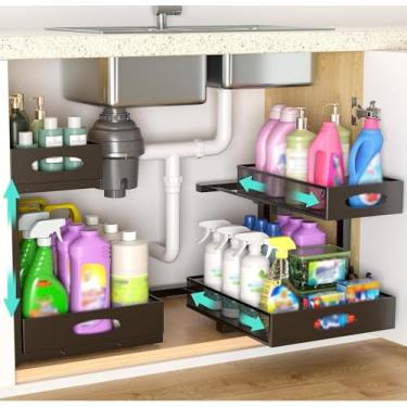 Imagem de Beleeb Organizador embaixo da pia, atualização extralarga, pacote com 2 organizadores de armário deslizantes de metal de 2 camadas, série de organização e armazenamento com altura ajustável