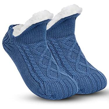 Imagem de Meias de chinelo para mulheres, homens e meninas, meias fofas, quentes, tricotadas, forradas com lã, macias, macias, aconchegantes, para inverno, casa, cama, cama, chinelos, meias, Azul, 9-11