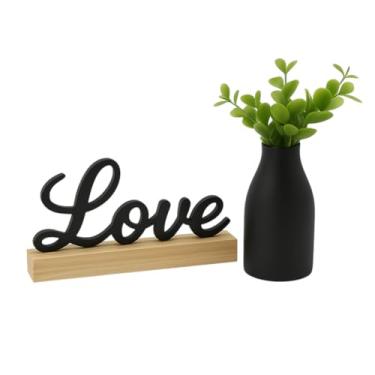 Imagem de Kit Decorativo Minimalista Love com Vaso Preto Fosco e Folhagem Artificial, Letreiro em Madeira - Up2u Home Decor