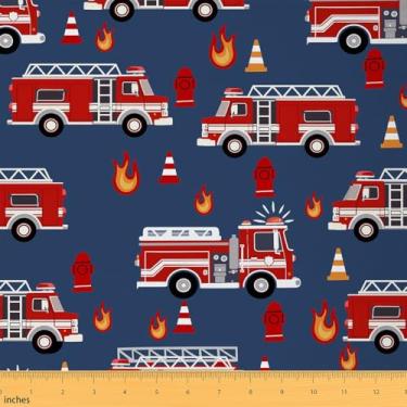 Imagem de Tecido de desenho animado de bombeiros da The Yard lindo tecido de decoração de veículo de construção para crianças, meninos, adolescentes, chamas vermelhas, caminhões, tecido estampado para
