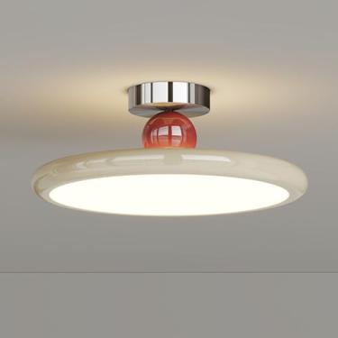 Imagem de Luminária de teto redonda LED com controle remoto, luminária de teto semi-embutida estilo creme para quarto, cozinha e sala de estar
