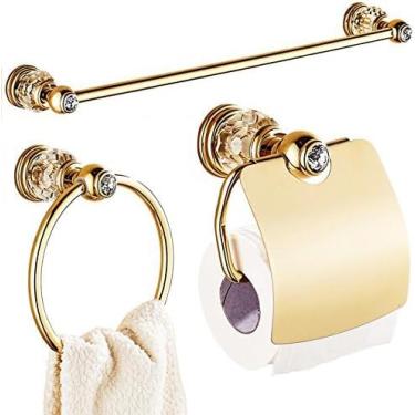 Imagem de Prateleiras De Banheiro Suporte De Papel Higiênico De Latão Sólido De Ouro Zircônio De Luxo, Suporte De Trilho De Barra De Toalha Polida, Anel De Toalha De Base Redonda, 3 Pcs